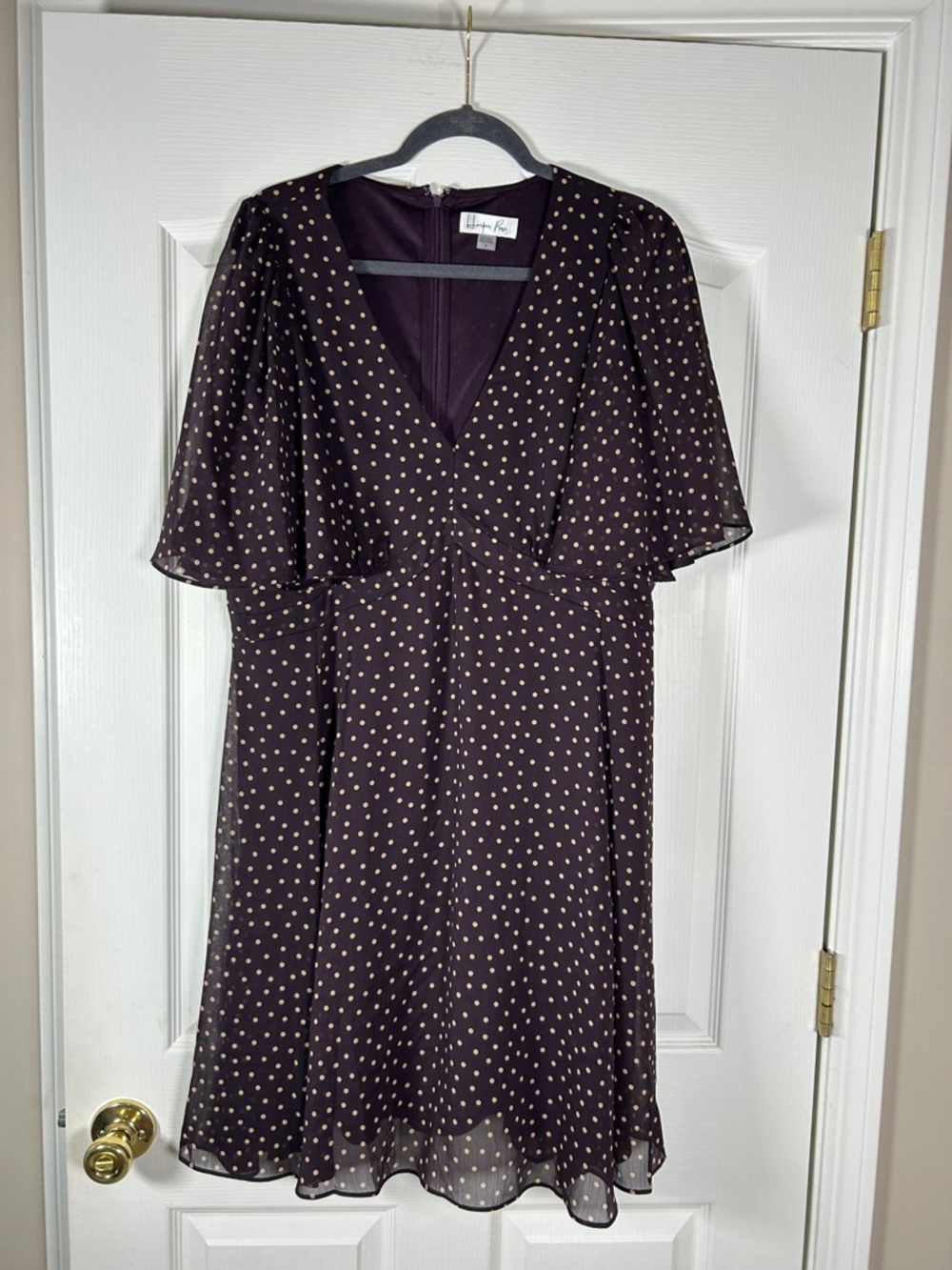 Harper Rose Purple Midi Dress with Tan  Polka Dots and V-Neckline size 14